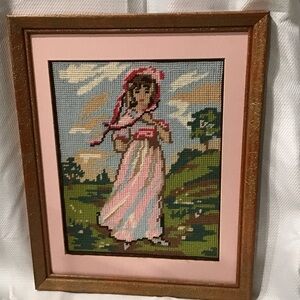 Vintage Framed Needlepoint “pinkie pink” 12 x15 -Rare Find